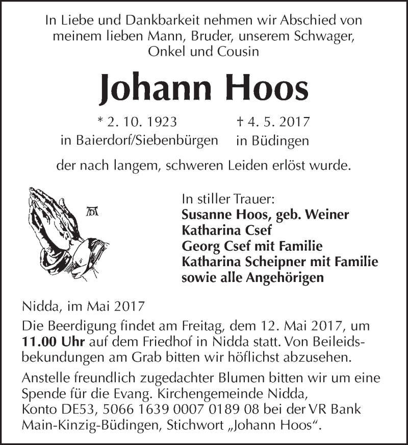  Traueranzeige für Johann Hoos vom 09.05.2017 aus  Kreisanzeiger