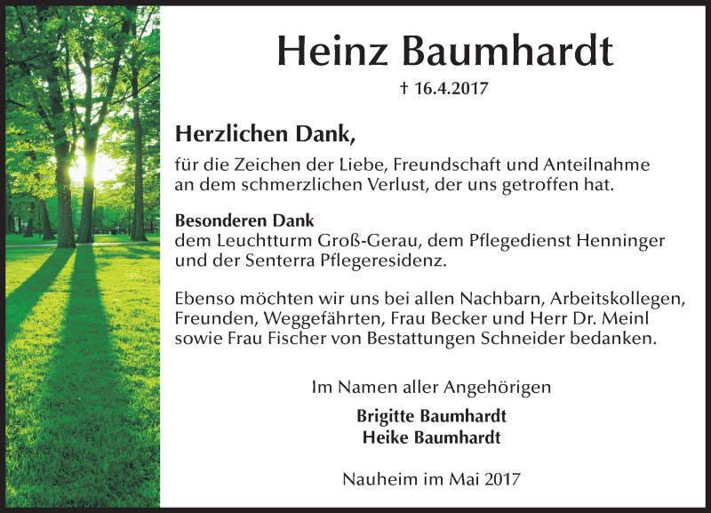  Traueranzeige für Heinz Baumhardt vom 13.05.2017 aus Trauerportal Rhein Main Presse