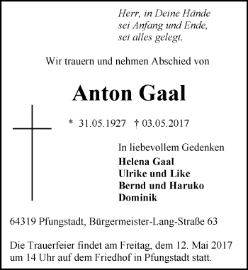 Traueranzeige von Anton Gaal von Trauerportal Echo Online