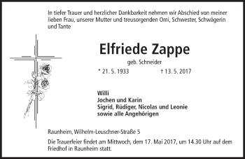 Traueranzeige von Elfriede Zappe von Trauerportal Rhein Main Presse