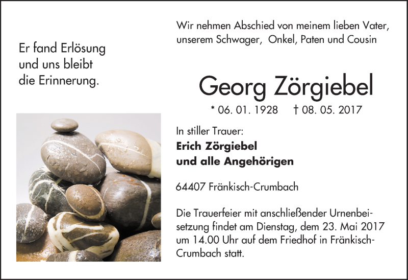  Traueranzeige für Georg Zörgiebel vom 20.05.2017 aus Trauerportal Echo Online
