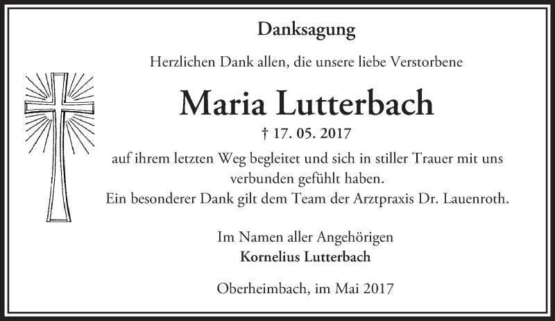  Traueranzeige für Maria Lutterbach vom 30.05.2017 aus Trauerportal Rhein Main Presse