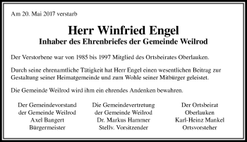 Traueranzeige von Winfried Engel von  Usinger Anzeiger