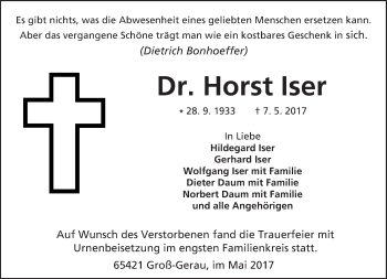 Traueranzeige von Horst Iser von Trauerportal Echo Online