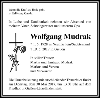 Traueranzeige von Wolfgang Mudrak von  Gießener Anzeiger