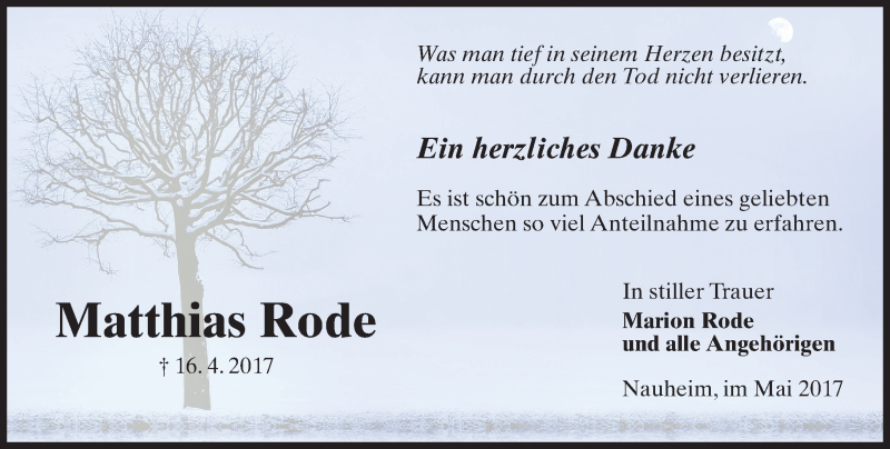  Traueranzeige für Matthias Rode vom 13.05.2017 aus Trauerportal Rhein Main Presse