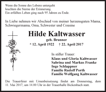 Traueranzeige von Hilde Kaltwasser von Trauerportal Echo Online