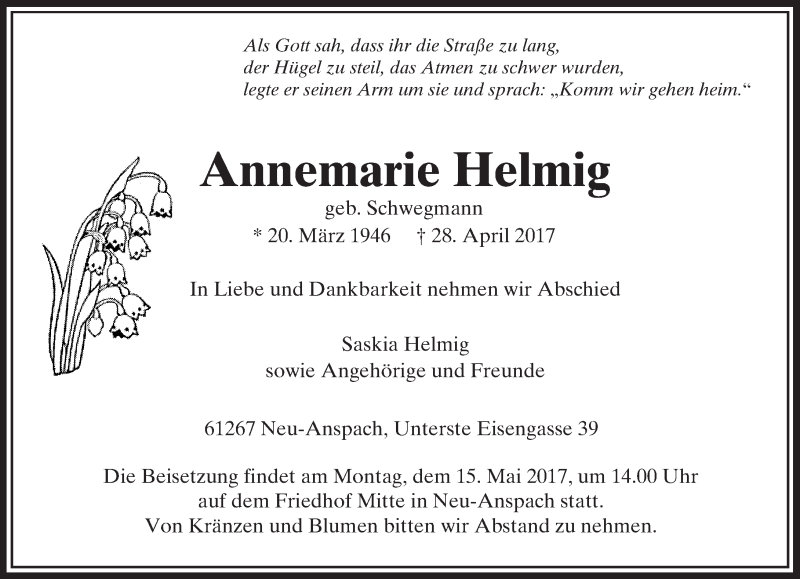  Traueranzeige für Annemarie Helmig vom 03.05.2017 aus  Usinger Anzeiger