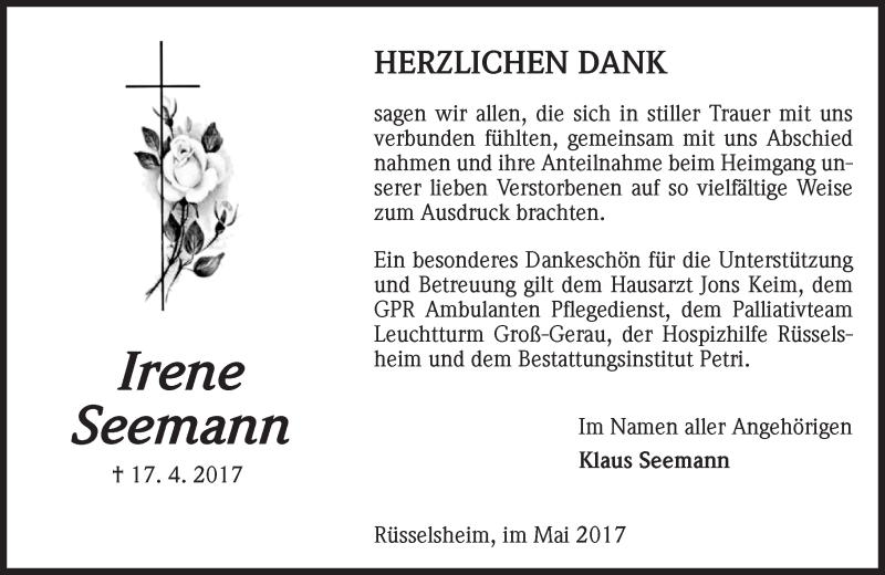  Traueranzeige für Irene Seemann vom 20.05.2017 aus Trauerportal Rhein Main Presse
