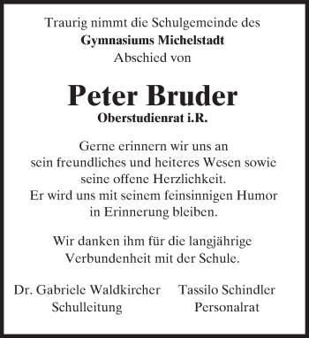 Traueranzeige von Peter Bruder von Trauerportal Echo Online