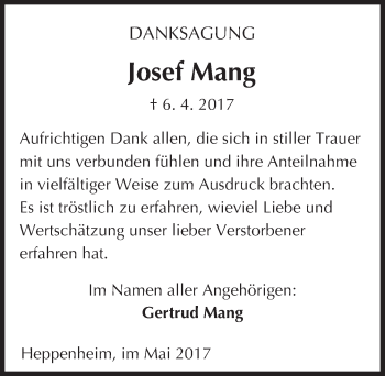 Traueranzeige von Josef Mang von Trauerportal Echo Online