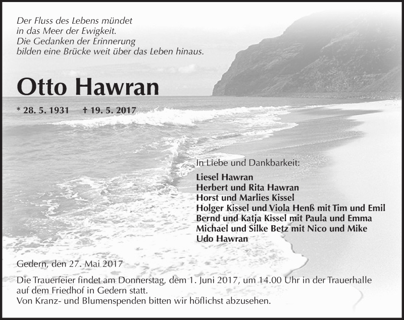  Traueranzeige für Otto Hawran vom 27.05.2017 aus  Kreisanzeiger