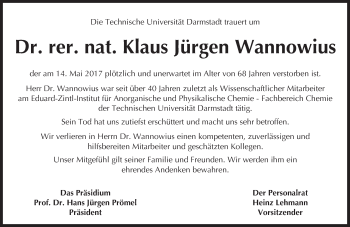 Traueranzeige von Klaus Jürgen Wannowius von Trauerportal Echo Online