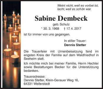 Traueranzeige von Sabine Dembeck von Trauerportal Echo Online