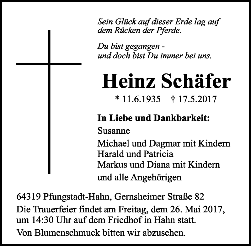  Traueranzeige für Heinz Schäfer vom 20.05.2017 aus Trauerportal Echo Online