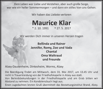 Traueranzeige von Maurice Klar von Trauerportal Rhein Main Presse