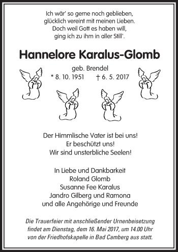 Traueranzeige von Hannelore Karalus-Glomb von  Camberger Anzeiger