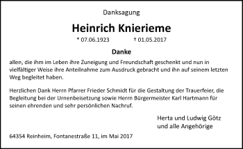 Traueranzeige von Heinrich Knierieme von Trauerportal Echo Online