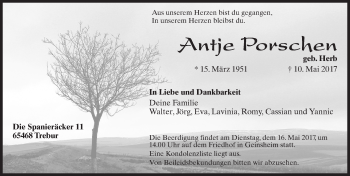 Traueranzeige von Antje Porschen von Trauerportal Echo Online
