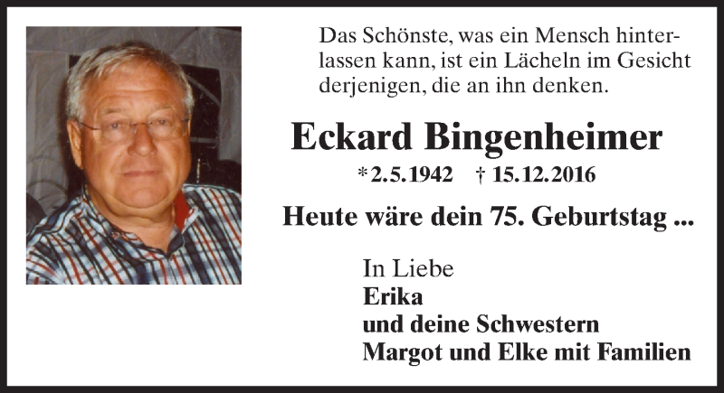  Traueranzeige für Eckard Bingenheimer vom 02.05.2017 aus Trauerportal Rhein Main Presse