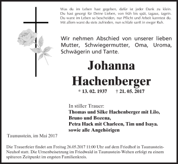 Traueranzeige von Johanna Hachenberger von Trauerportal Rhein Main Presse