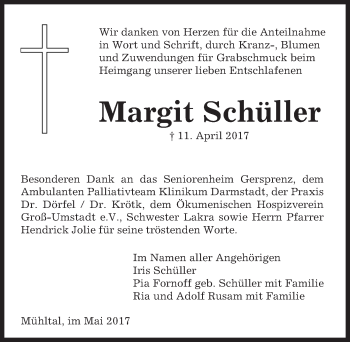 Traueranzeige von Margit Schüller von Trauerportal Echo Online