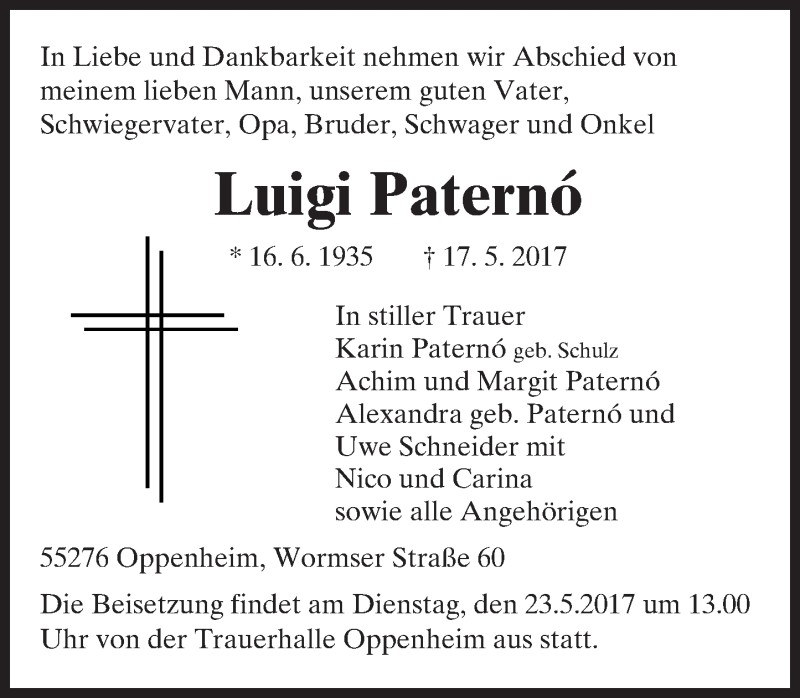  Traueranzeige für Luigi Paterno vom 20.05.2017 aus Trauerportal Rhein Main Presse