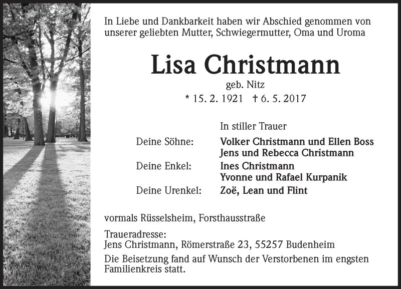  Traueranzeige für Lisa Christmann vom 20.05.2017 aus Trauerportal Rhein Main Presse