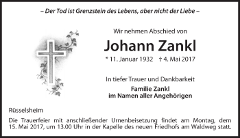 Traueranzeige von Johann Zankl von Trauerportal Rhein Main Presse
