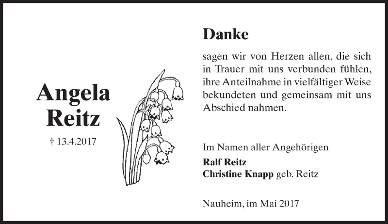  Traueranzeige für Angela Reitz vom 06.05.2017 aus Trauerportal Rhein Main Presse