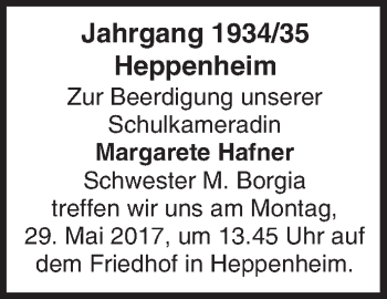 Traueranzeige von Margarete Hafner von Trauerportal Echo Online