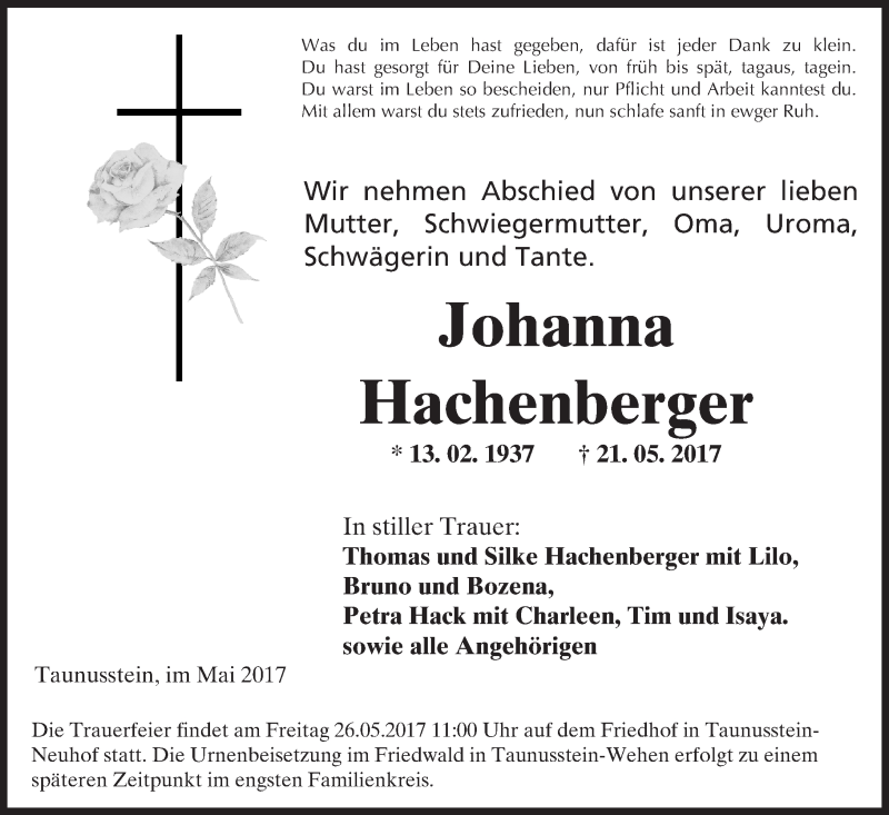  Traueranzeige für Johanna Hachenberger vom 24.05.2017 aus Trauerportal Rhein Main Presse