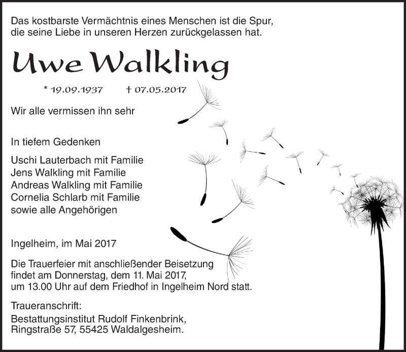  Traueranzeige für Uwe Walkling vom 10.05.2017 aus Trauerportal Rhein Main Presse