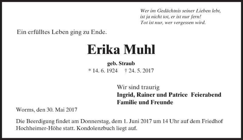  Traueranzeige für Erika Muhl vom 30.05.2017 aus Trauerportal Rhein Main Presse