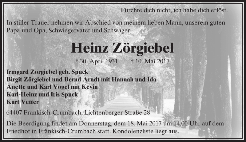  Traueranzeige für Heinz Zörgiebel vom 16.05.2017 aus Trauerportal Echo Online