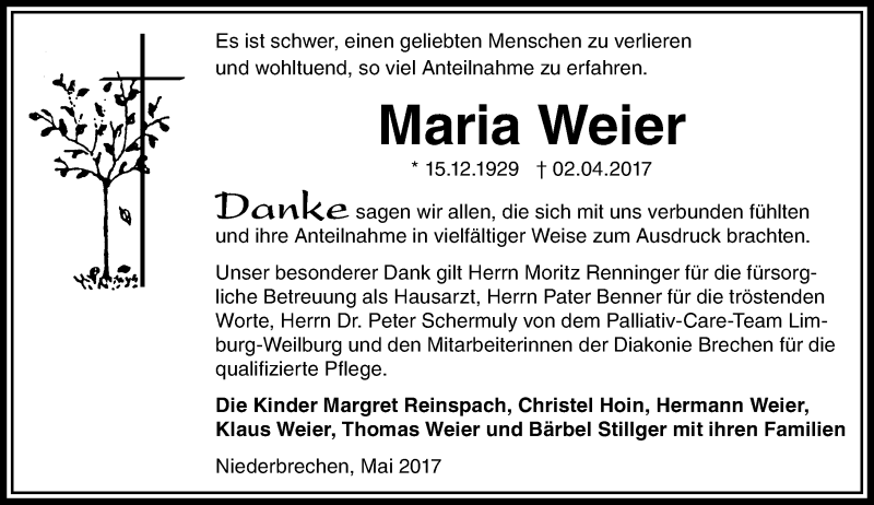  Traueranzeige für Maria Weier vom 11.05.2017 aus  Camberger Anzeiger