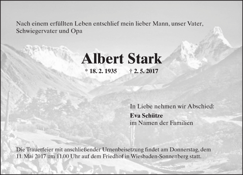  Traueranzeige für Albert Stark vom 06.05.2017 aus Trauerportal Rhein Main Presse