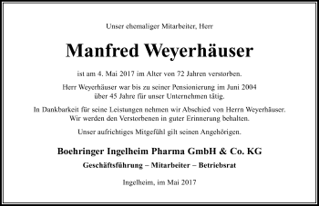Traueranzeige von Manfred Weyerhäuser von Trauerportal Rhein Main Presse
