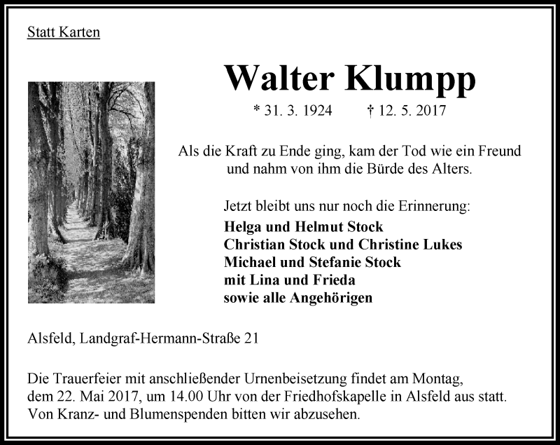  Traueranzeige für Walter Klumpp vom 18.05.2017 aus VRM Trauer