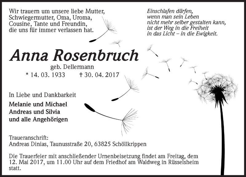  Traueranzeige für Anna Rosenbruch vom 05.05.2017 aus Trauerportal Rhein Main Presse