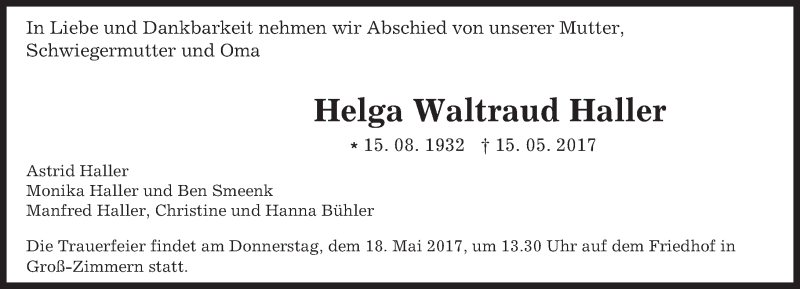  Traueranzeige für Helga Waltraud Haller vom 17.05.2017 aus Trauerportal Echo Online