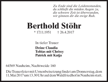 Traueranzeige von Berthold Stöhr von Trauerportal Rhein Main Presse