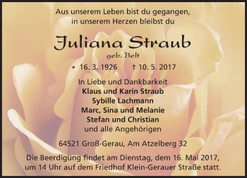 Traueranzeige von Juliana Straub von Trauerportal Echo Online