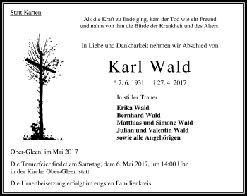 Traueranzeige von Karl Wald von VRM Trauer