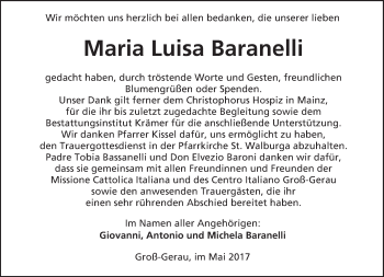 Traueranzeige von Maria Luisa Baranelli von Trauerportal Echo Online