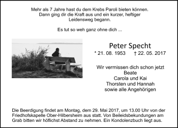 Traueranzeige von Peter Specht von Trauerportal Rhein Main Presse