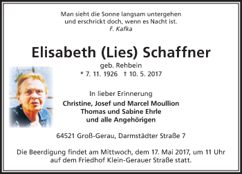 Traueranzeige von Elisabeth Schaffner von Trauerportal Echo Online