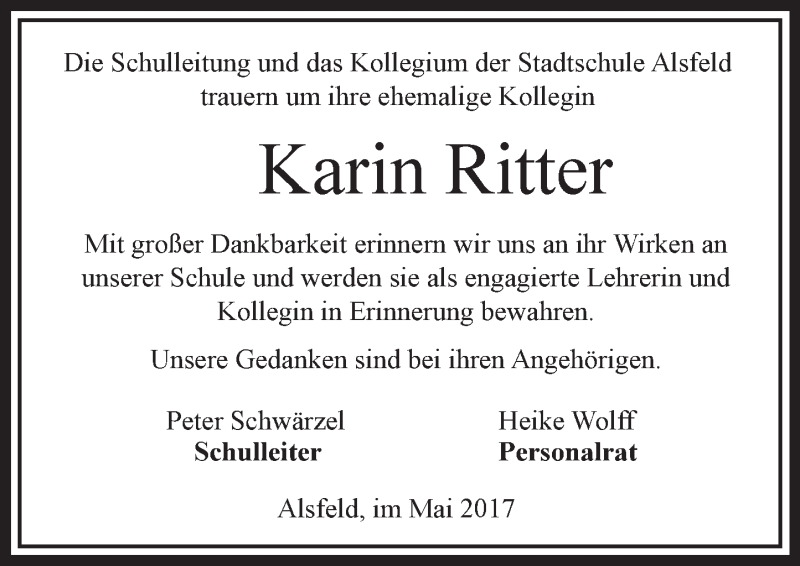  Traueranzeige für Karin Ritter vom 30.05.2017 aus VRM Trauer