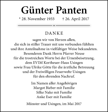 Traueranzeige von Günter Panten von  Usinger Anzeiger