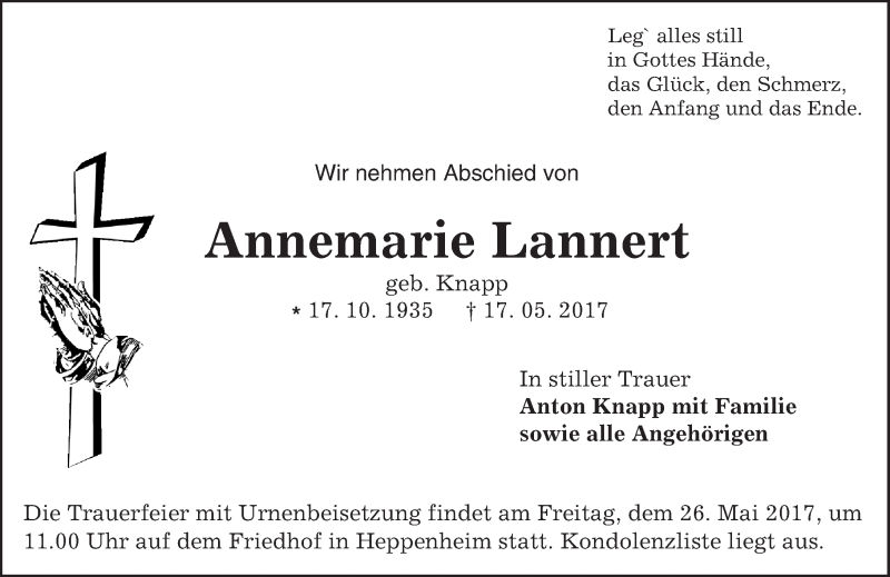  Traueranzeige für Annemarie Lannert vom 24.05.2017 aus Trauerportal Echo Online